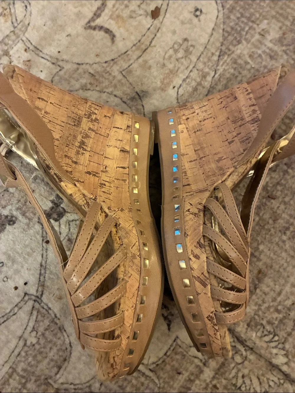 Jasmin Tan Strappy Cork Wedge Sandals with Gold Accents